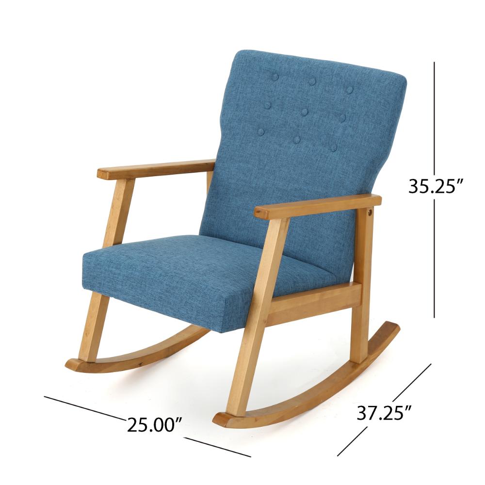 Maze Rocking Chair, Mid-Century Brown Rubberwood, Tufted Blue Fabric -BM321741