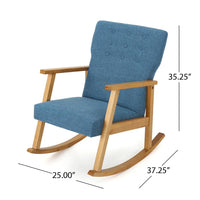 Maze Rocking Chair, Mid-Century Brown Rubberwood, Tufted Blue Fabric -BM321741