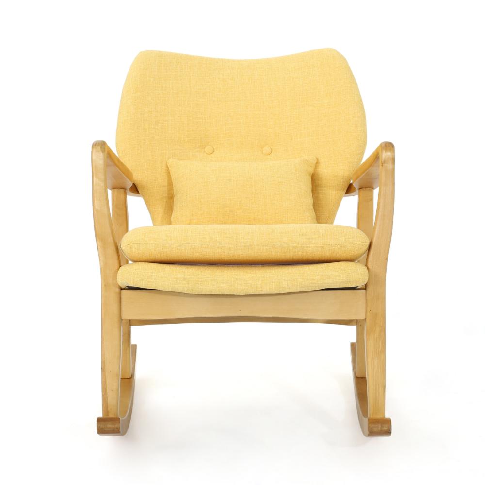 Quang Rocking Chair, Button-Tufted, Natural Brown Solid Wood, Yellow Linen -BM321751