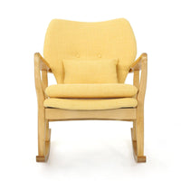 Quang Rocking Chair, Button-Tufted, Natural Brown Solid Wood, Yellow Linen -BM321751