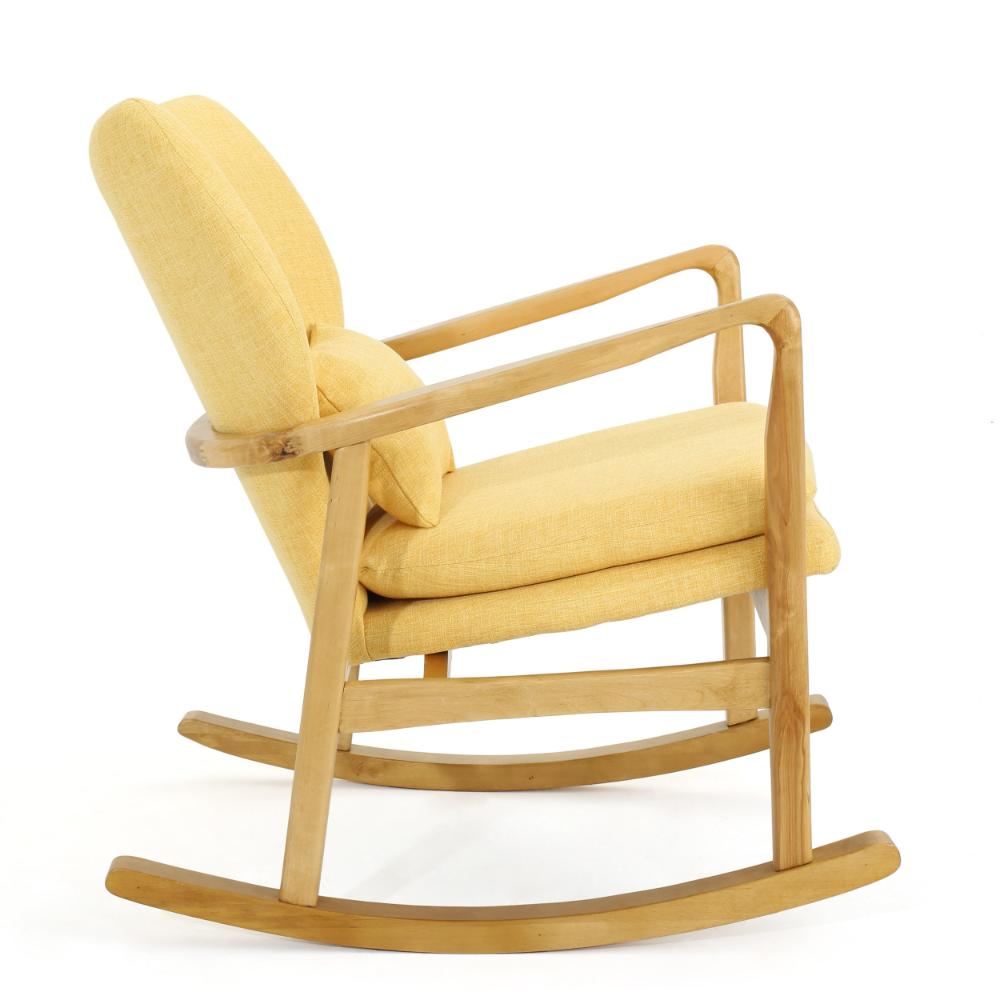 Quang Rocking Chair, Button-Tufted, Natural Brown Solid Wood, Yellow Linen -BM321751