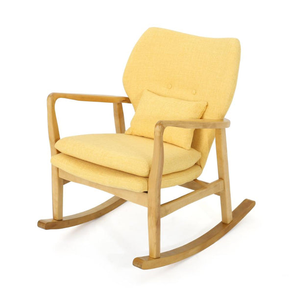 Quang Rocking Chair, Button-Tufted, Natural Brown Solid Wood, Yellow Linen