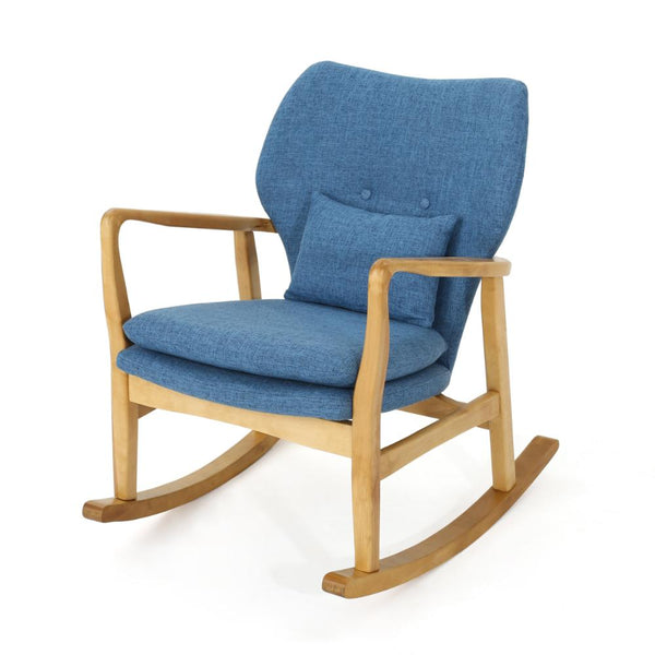 Quang Rocking Chair, Button-Tufted, Natural Brown Solid Wood, Gray Linen
