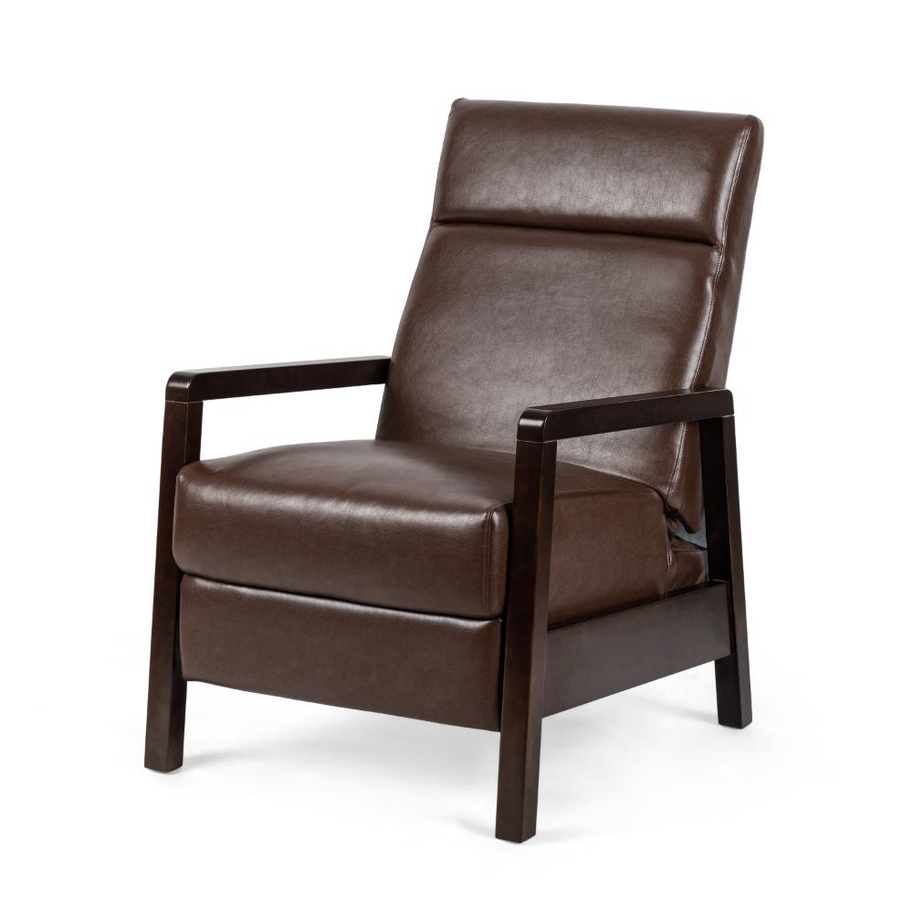 Ennie Pushback Recliner, Compact Rubberwood Frame, Dark Brown Faux Leather -BM321753