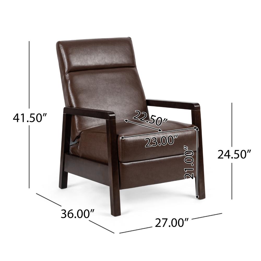 Ennie Pushback Recliner, Compact Rubberwood Frame, Dark Brown Faux Leather -BM321753
