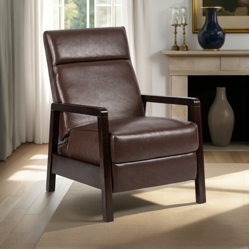 Ennie Pushback Recliner, Compact Rubberwood Frame, Dark Brown Faux Leather -BM321753