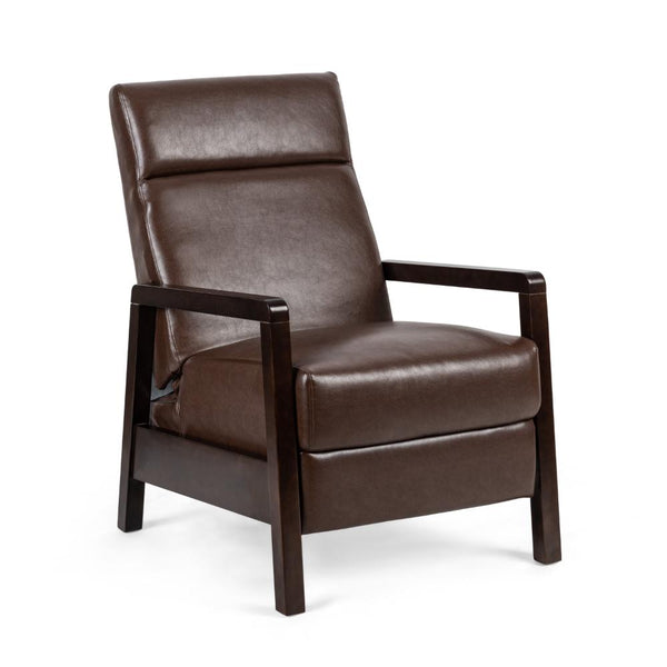 Ennie Pushback Recliner, Compact Rubberwood Frame, Dark Brown Faux Leather