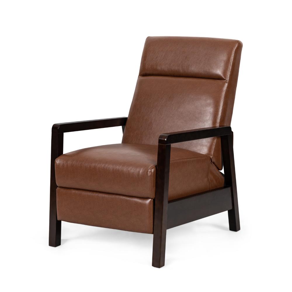 Ennie Pushback Recliner, Compact, Rubberwood, Light Brown Faux Leather -BM321754