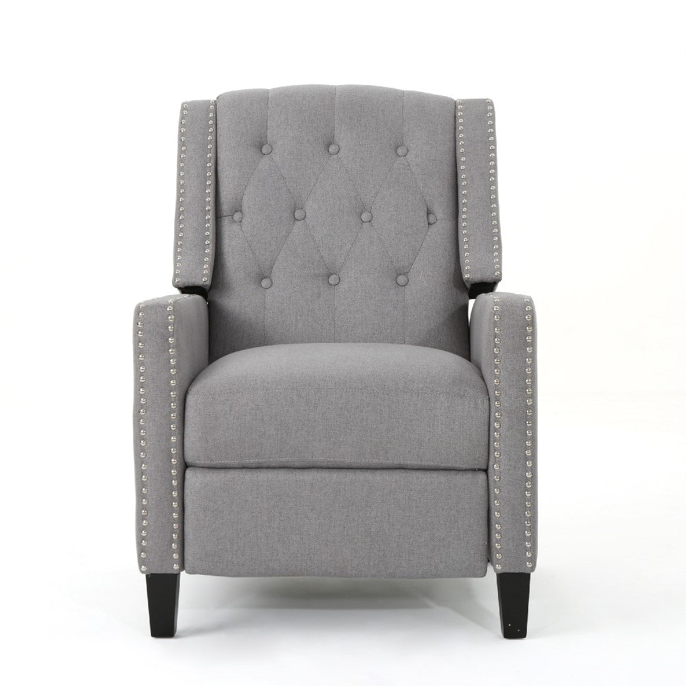 Pushback Recliner Chair, Tufted Back, Birch Wood, Gray Fabric -BM321762
