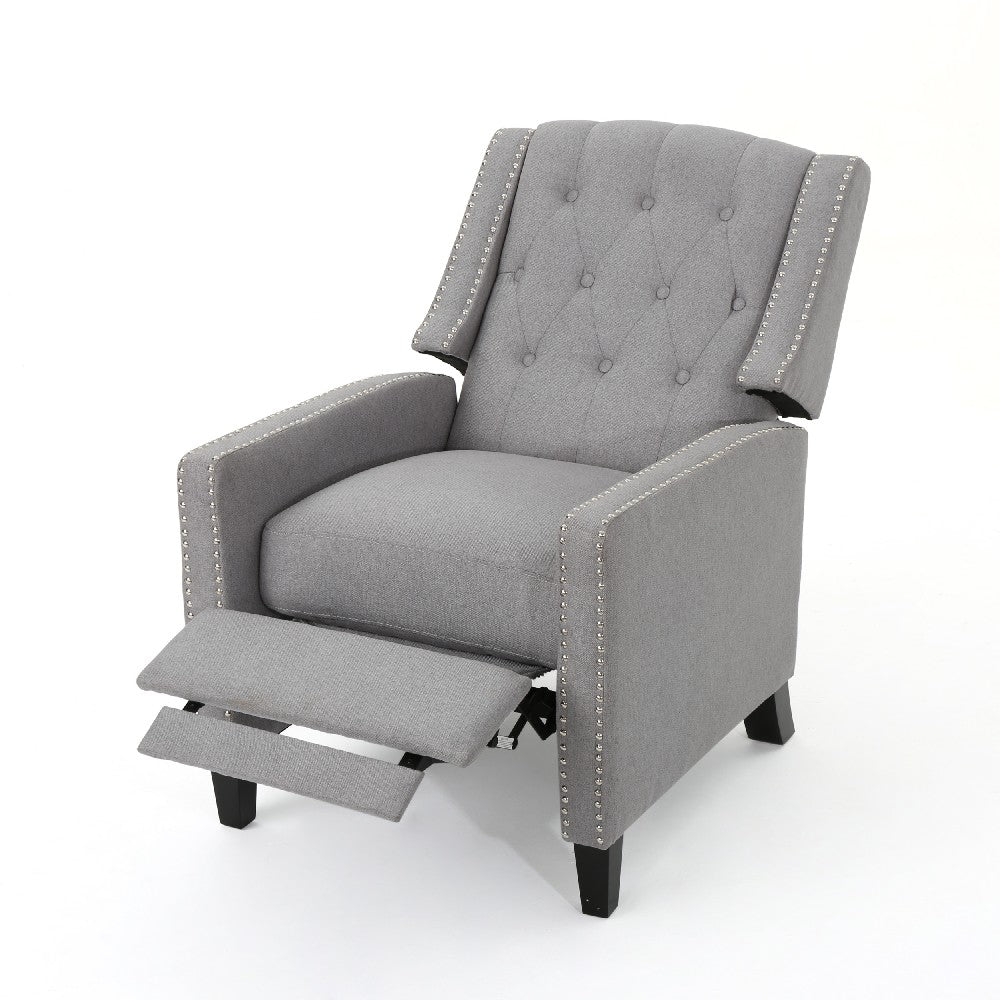 Pushback Recliner Chair, Tufted Back, Birch Wood, Gray Fabric -BM321762