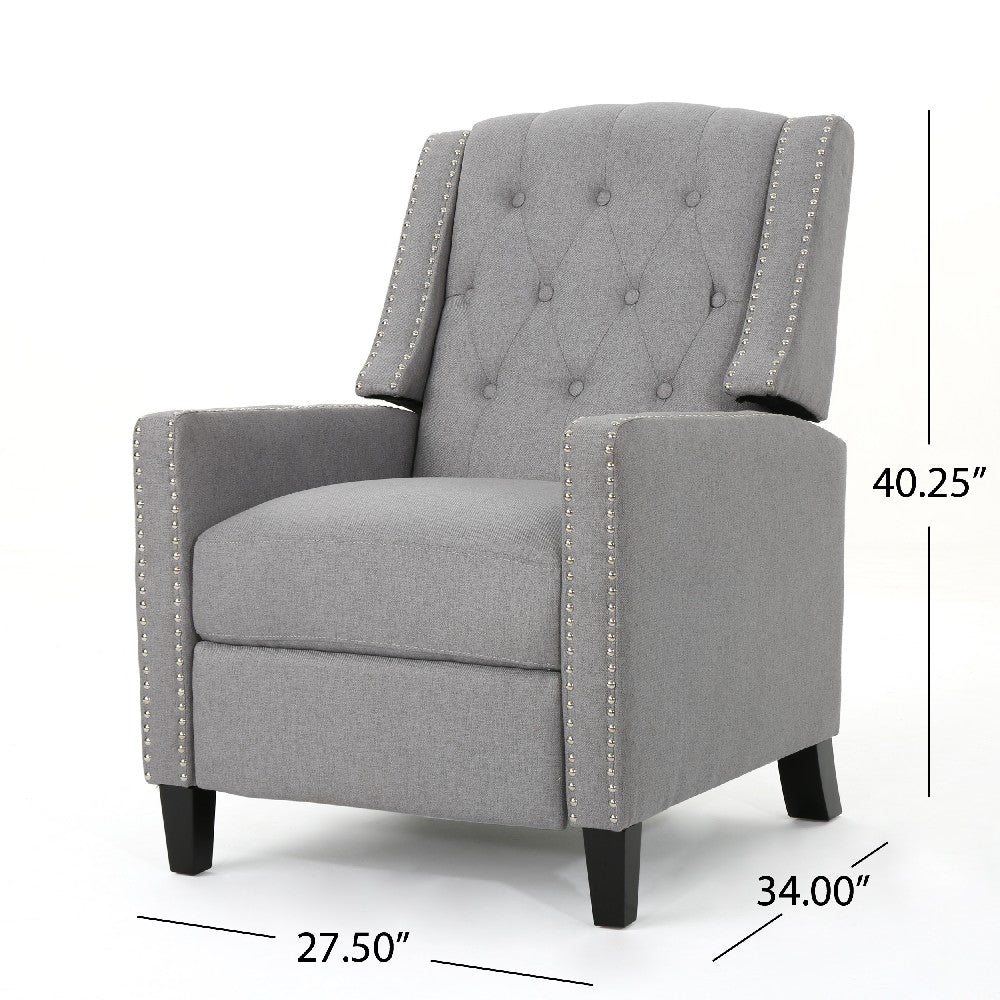 Pushback Recliner Chair, Tufted Back, Birch Wood, Gray Fabric -BM321762