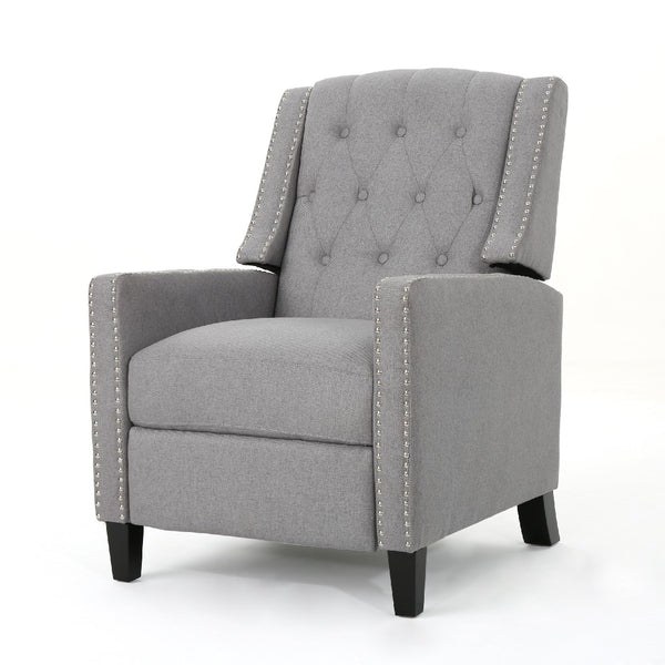 Pushback Recliner Chair, Tufted Back, Birch Wood, Gray Fabric -BM321762