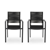 Sibu Outdoor Dining Chair Set of 2, Black Metal, Woven Rope Seat and Back -BM323366