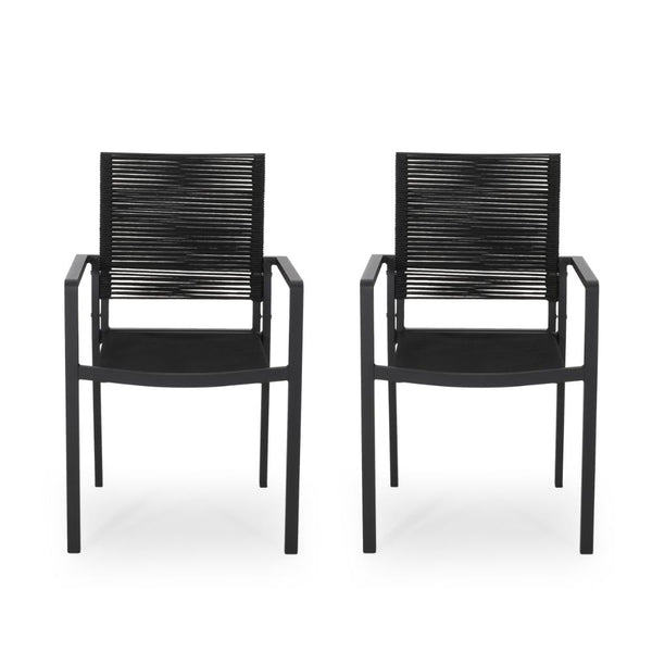 Sibu Outdoor Dining Chair Set of 2, Black Metal, Woven Rope Seat and Back -BM323366