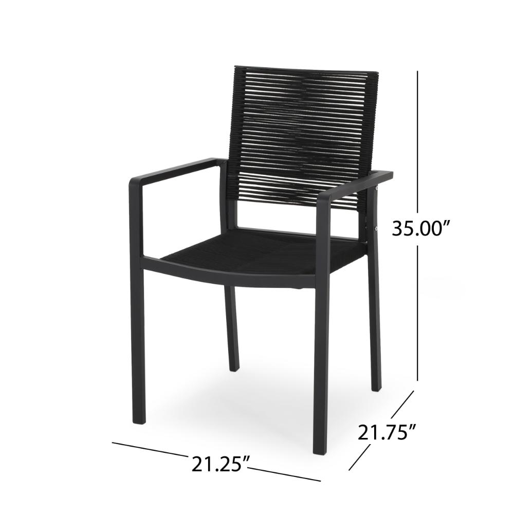 Sibu Outdoor Dining Chair Set of 2, Black Metal, Woven Rope Seat and Back -BM323366