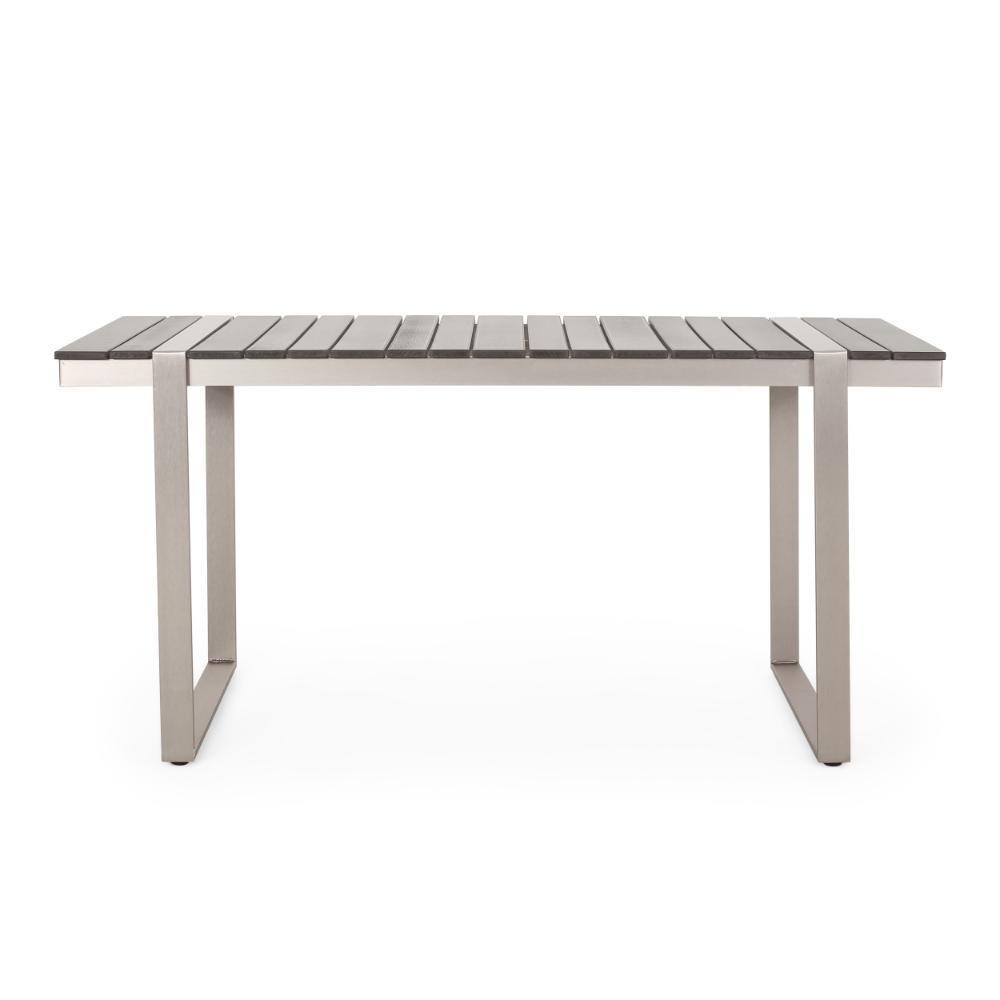 Ferry Outdoor Dining Table, Gray Faux Wood Slatted, Silver Metal, 63 Inch -BM323368