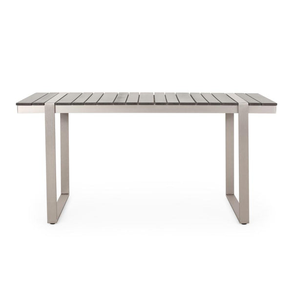 Ferry Outdoor Dining Table, Gray Faux Wood Slatted, Silver Metal, 63 Inch -BM323368