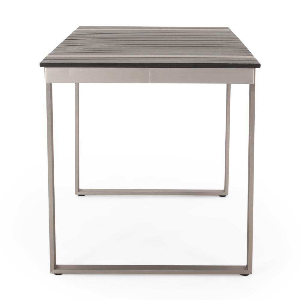 Ferry Outdoor Dining Table, Gray Faux Wood Slatted, Silver Metal, 63 Inch -BM323368