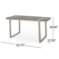Ferry Outdoor Dining Table, Gray Faux Wood Slatted, Silver Metal, 63 Inch -BM323368