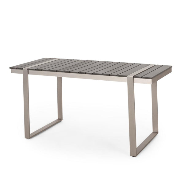 Ferry Outdoor Dining Table, Gray Faux Wood Slatted, Silver Metal, 63 Inch