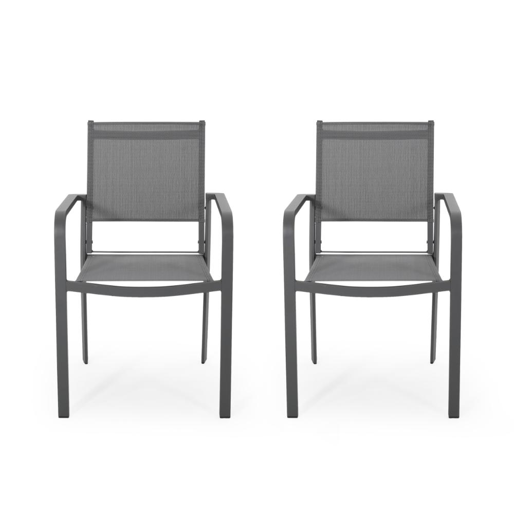 Arini Outdoor Dining Chair Set of 2, Dark Gray Metal Frame, Mesh Seat