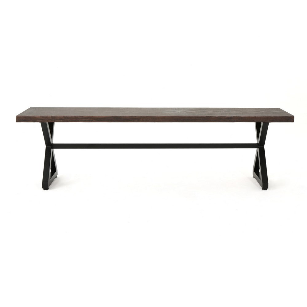 Romita Outdoor Dining Bench, X Legs, Brown Metal, Black Steel, 63 Inch -BM323375
