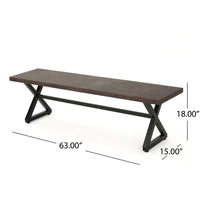 Romita Outdoor Dining Bench, X Legs, Brown Metal, Black Steel, 63 Inch -BM323375