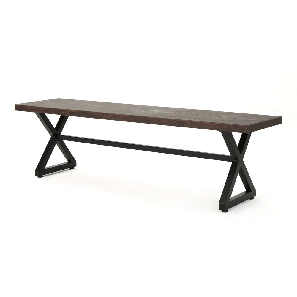 Romita Outdoor Dining Bench, X Legs, Brown Metal, Black Steel, 63 Inch -BM323375