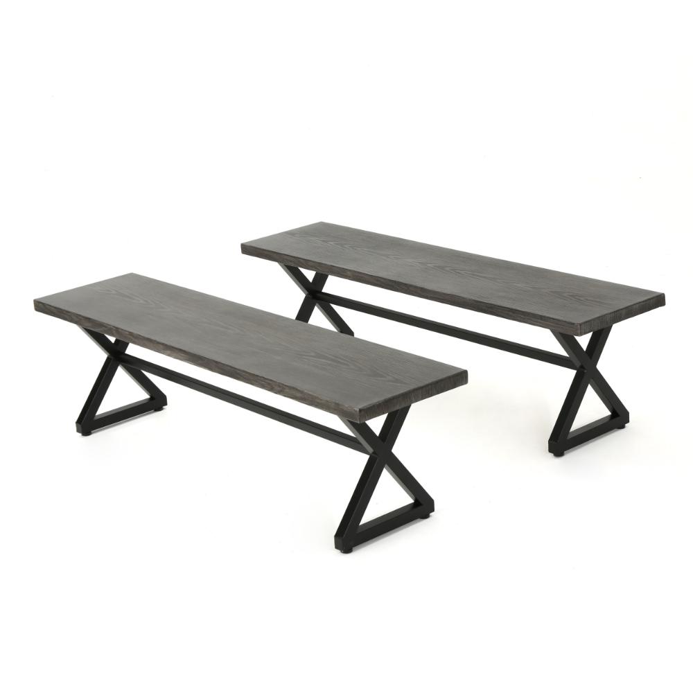Romita Outdoor Dining Bench Set of 2, X Legs 63 Inch Gray Metal, Black