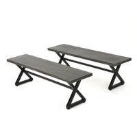 Romita Outdoor Dining Bench Set of 2, X Legs 63 Inch Gray Metal, Black