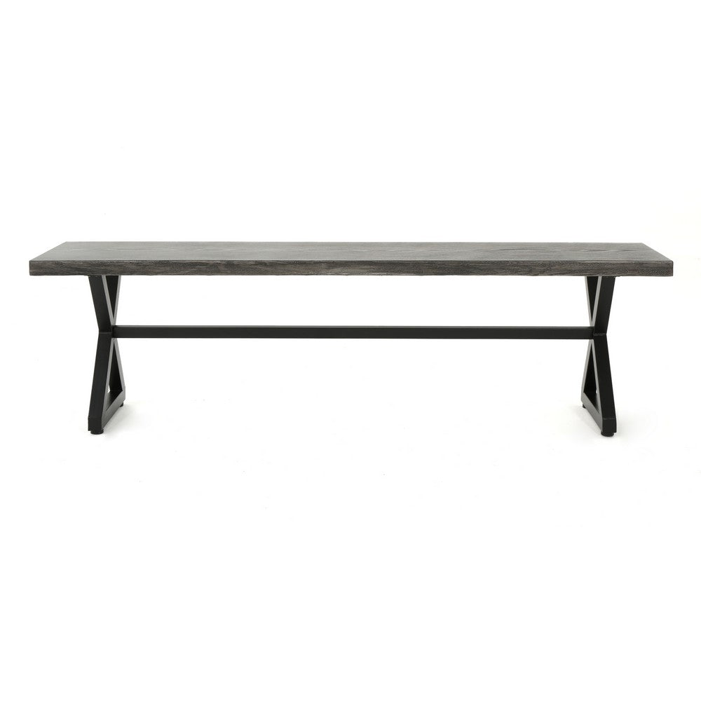 Romita Outdoor Dining Bench, X Shape Legs, Gray Metal, Black Steel, 63 Inch -BM323377