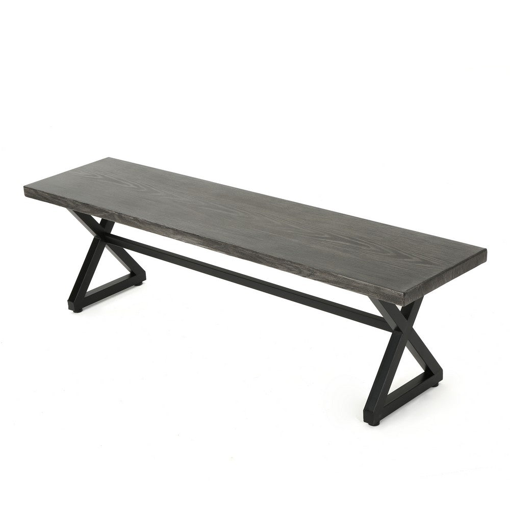 Romita Outdoor Dining Bench, X Shape Legs, Gray Metal, Black Steel, 63 Inch -BM323377