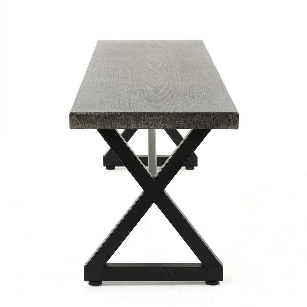 Romita Outdoor Dining Bench, X Shape Legs, Gray Metal, Black Steel, 63 Inch -BM323377