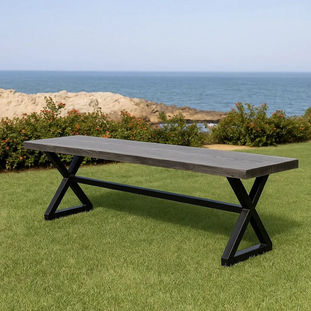 Romita Outdoor Dining Bench, X Shape Legs, Gray Metal, Black Steel, 63 Inch -BM323377