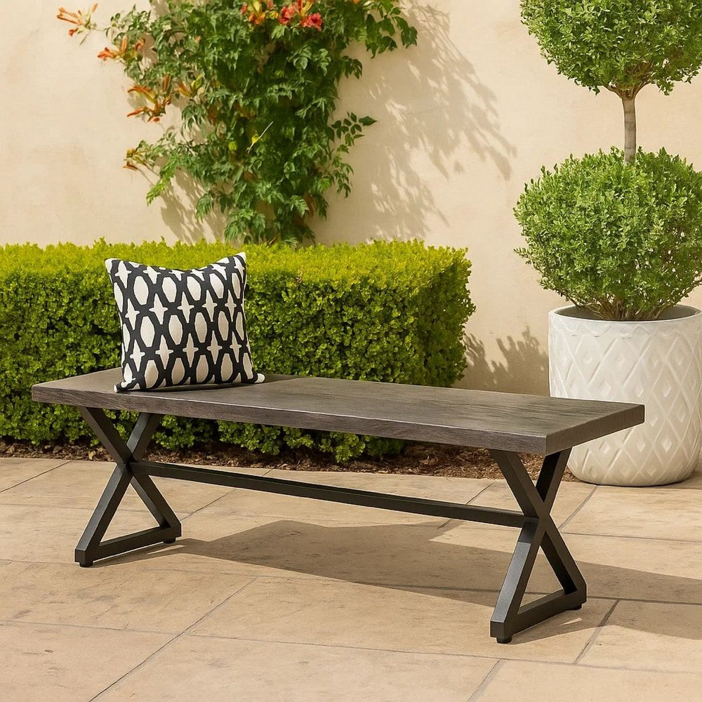 Romita Outdoor Dining Bench, X Shape Legs, Gray Metal, Black Steel, 63 Inch -BM323377
