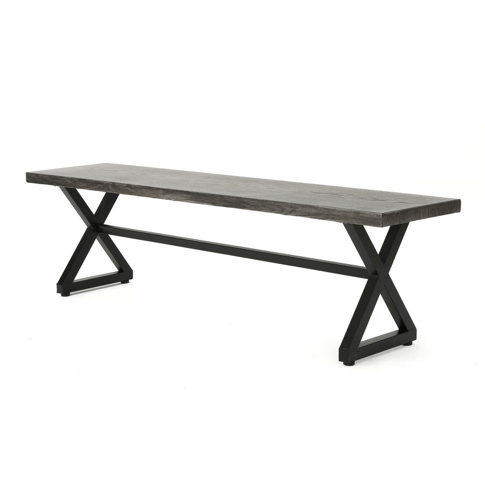 Romita Outdoor Dining Bench, X Shape Legs, Gray Metal, Black Steel, 63 Inch -BM323377