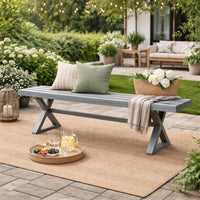 Jica Outdoor Dining Bench, X Shape Legs, Slatted Dark Gray Metal, 59 Inch -BM323378