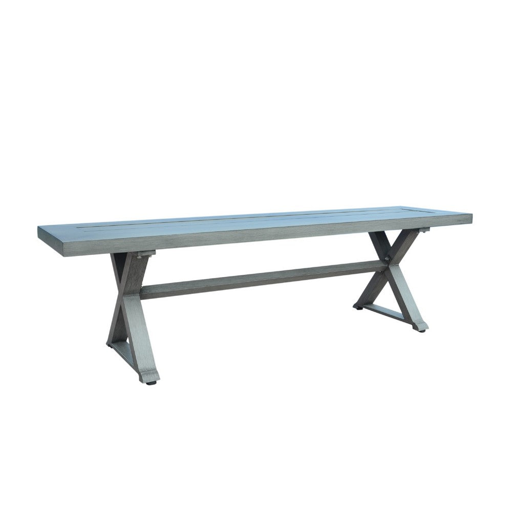 Jica Outdoor Dining Bench, X Shape Legs, Slatted Dark Gray Metal, 59 Inch -BM323378