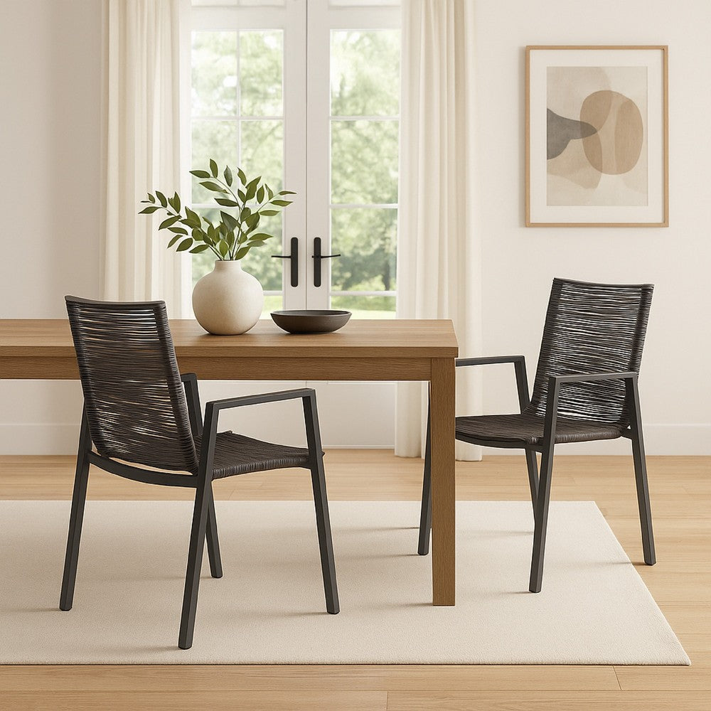 Teny Outdoor Dining Chair Set of 2, Dark Gray Metal. Woven Rope Seat Back -BM323382