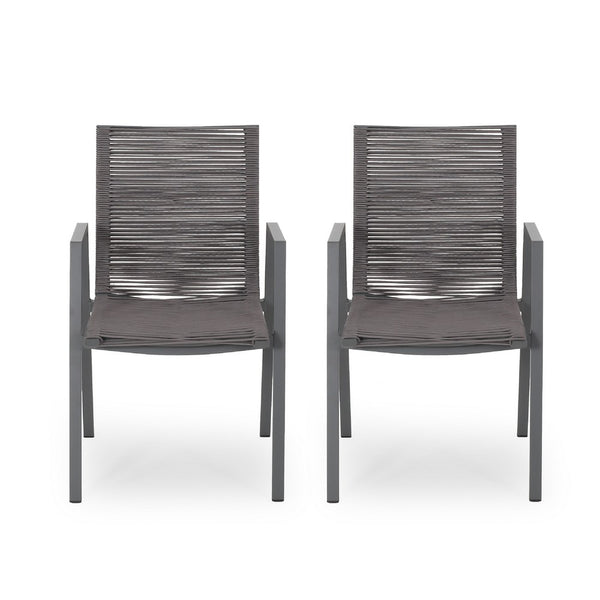 Teny Outdoor Dining Chair Set of 2, Dark Gray Metal. Woven Rope Seat Back -BM323382