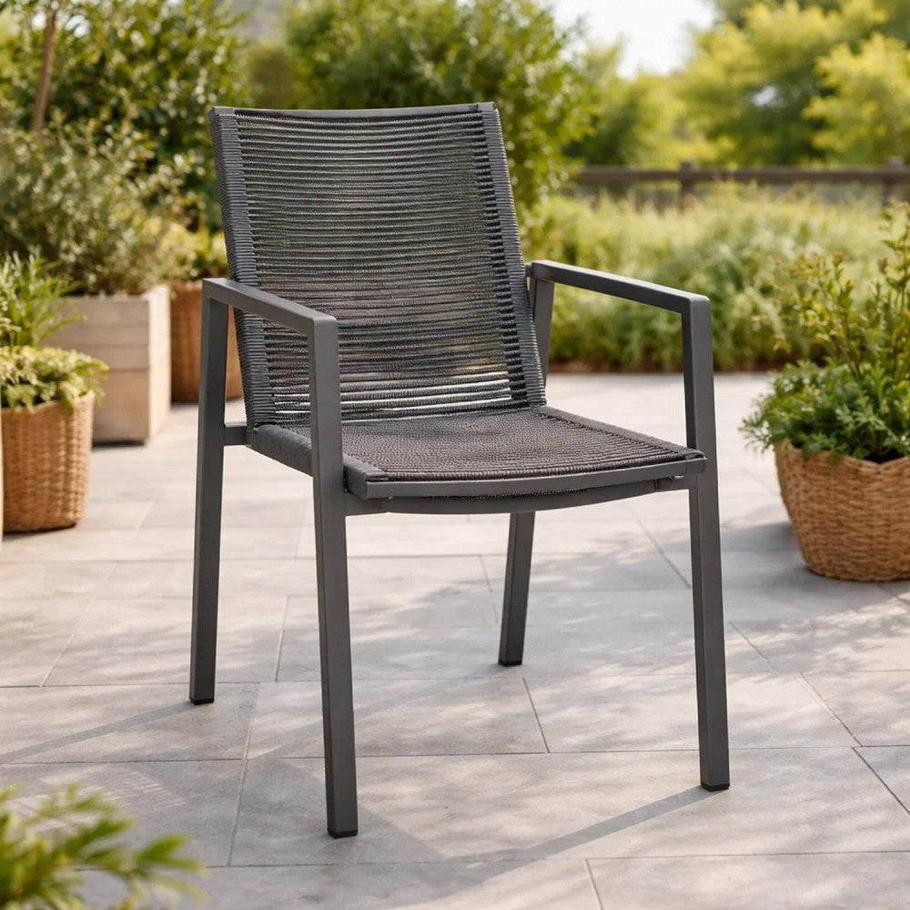 Teny Outdoor Dining Chair Set of 2, Dark Gray Metal. Woven Rope Seat Back -BM323382
