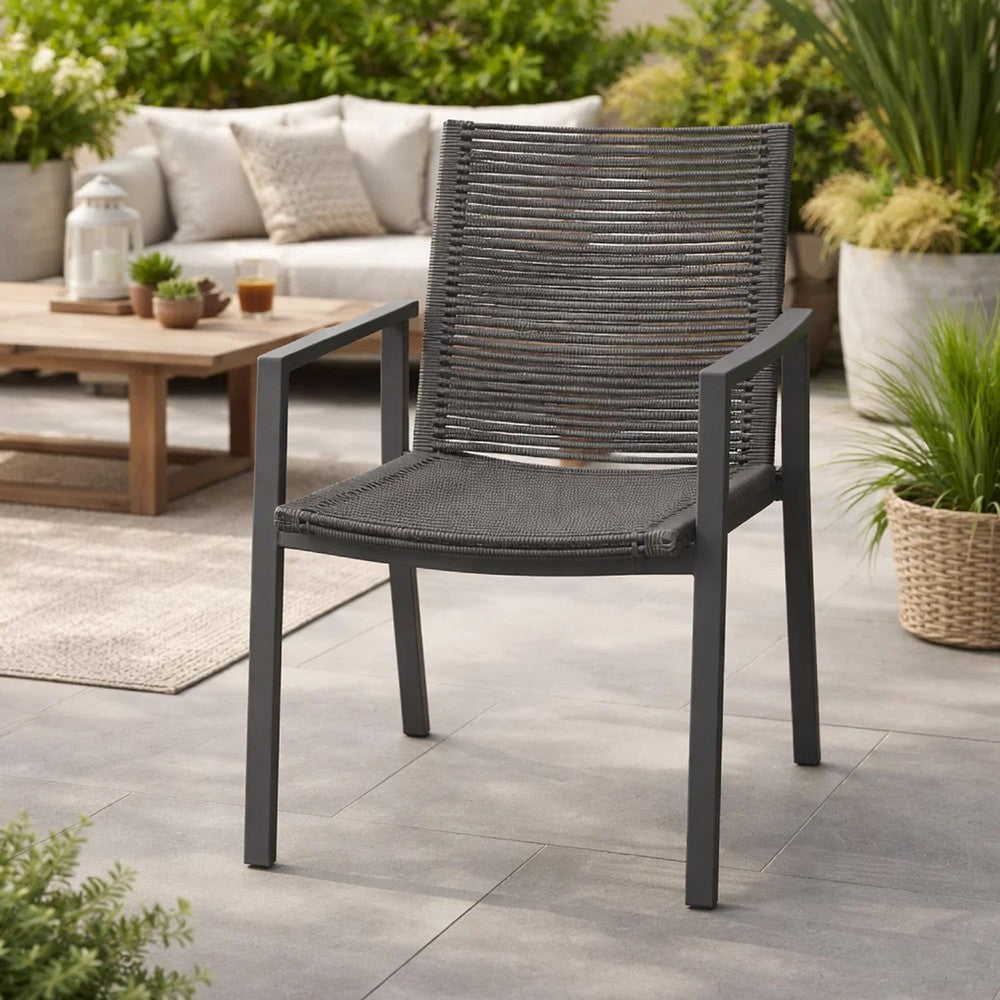 Teny Outdoor Dining Chair Set of 2, Dark Gray Metal. Woven Rope Seat Back -BM323382