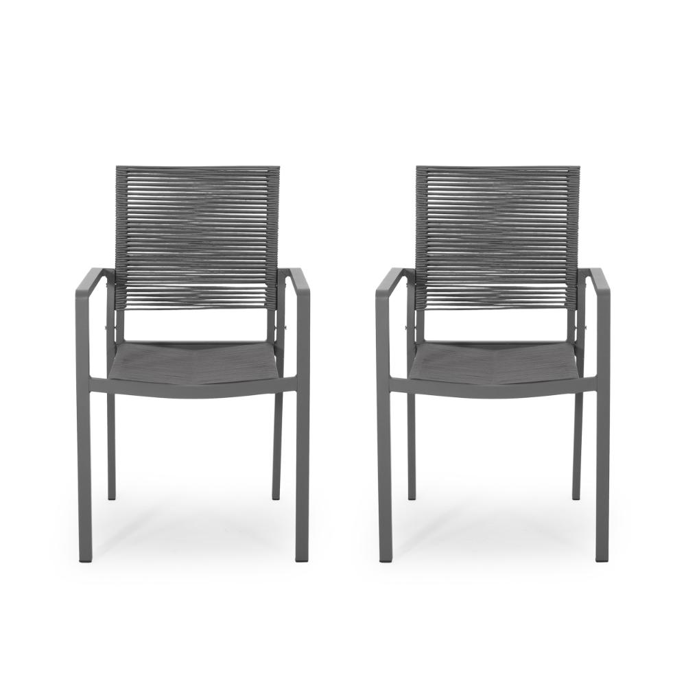 Teny Outdoor Dining Chair Set of 2, Open Back, Woven Rope, Dark Gray Metal -BM323383