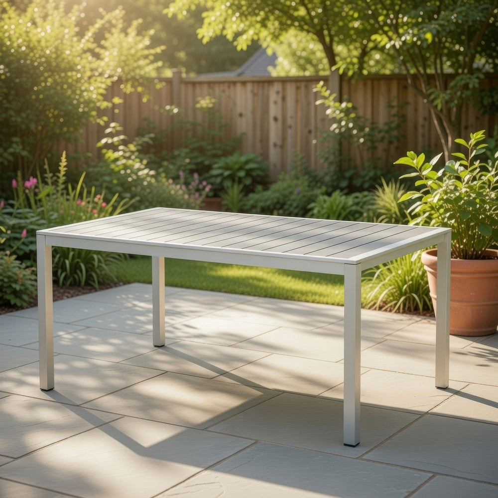 Eoin Outdoor Dining Table, Rectangular 71 Inch Gray Faux Wood, Metal Frame -BM323385