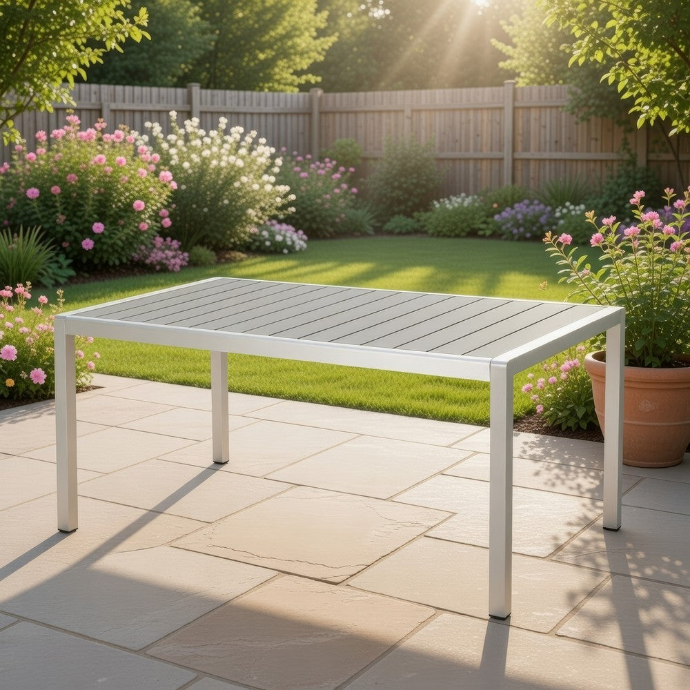 Eoin Outdoor Dining Table, Rectangular 71 Inch Gray Faux Wood, Metal Frame -BM323385