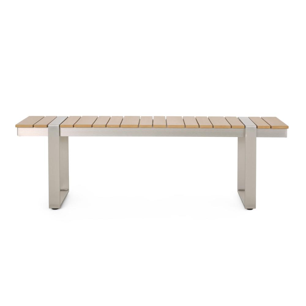 Shane Outdoor Dining Bench, 58 Inch Brown Wood Top, Silver Metal Sled Legs -BM323387