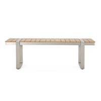 Shane Outdoor Dining Bench, 58 Inch Brown Wood Top, Silver Metal Sled Legs -BM323387