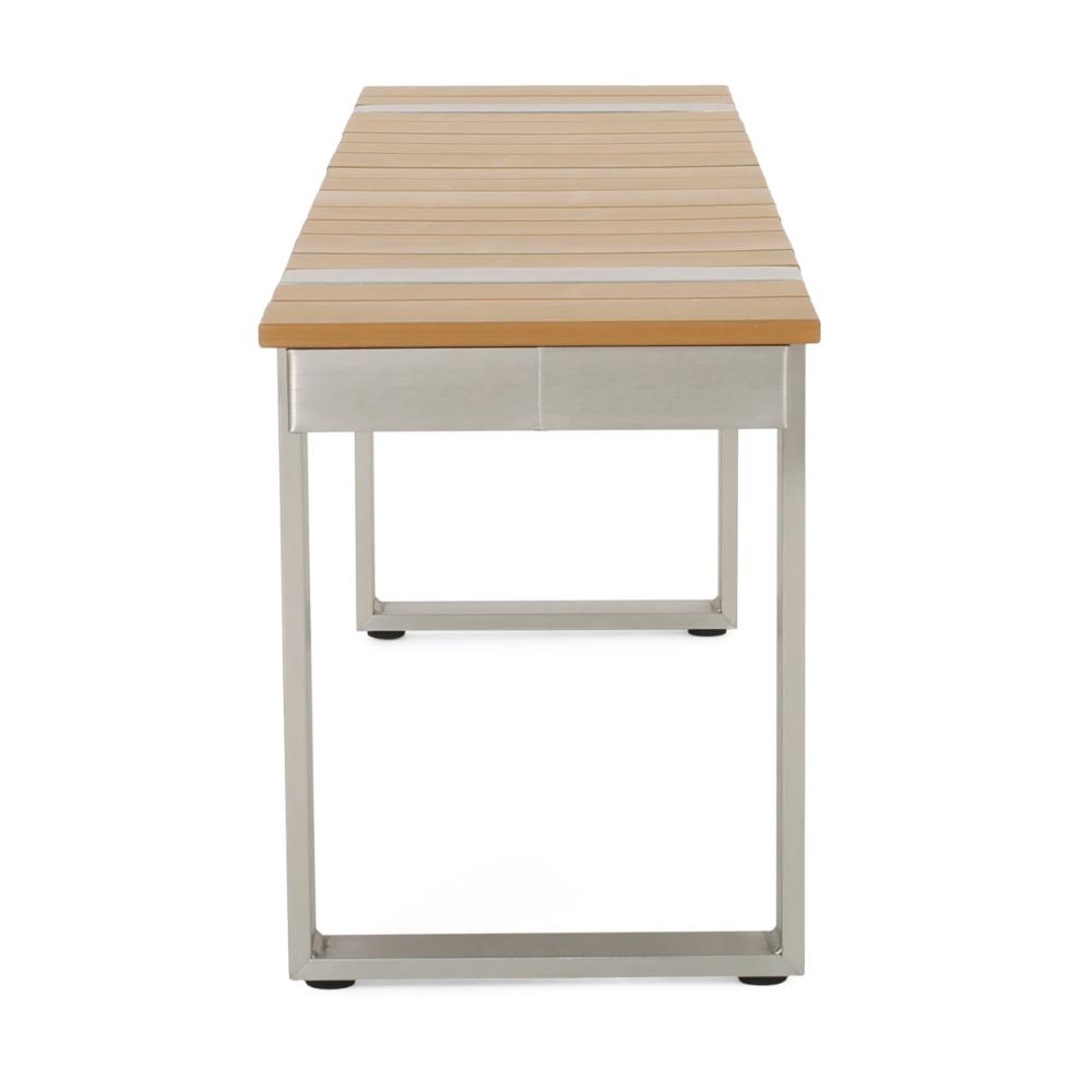 Shane Outdoor Dining Bench, 58 Inch Brown Wood Top, Silver Metal Sled Legs -BM323387