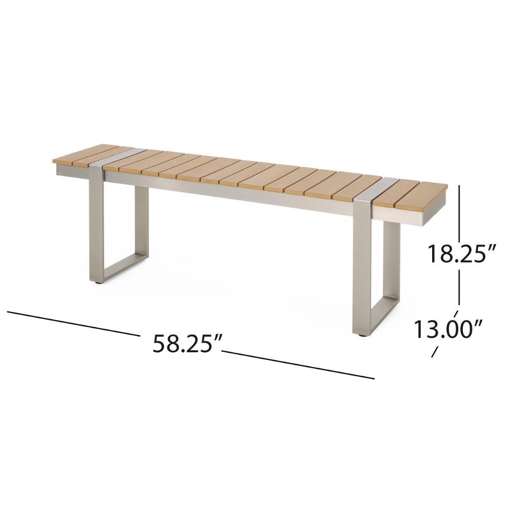 Shane Outdoor Dining Bench, 58 Inch Brown Wood Top, Silver Metal Sled Legs -BM323387