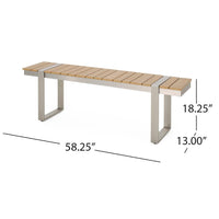 Shane Outdoor Dining Bench, 58 Inch Brown Wood Top, Silver Metal Sled Legs -BM323387